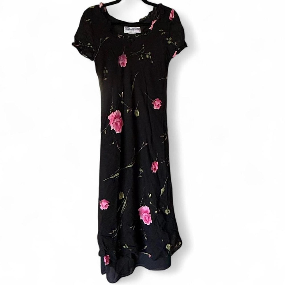 Jessica Howard Vintage Black Pink Floral Ruffle Neck Midi Dress Petite Small